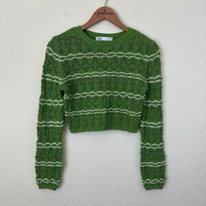 Zara Sweater Womens Medium Green Striped Crochet Long Sleeve Knit Crop Top M